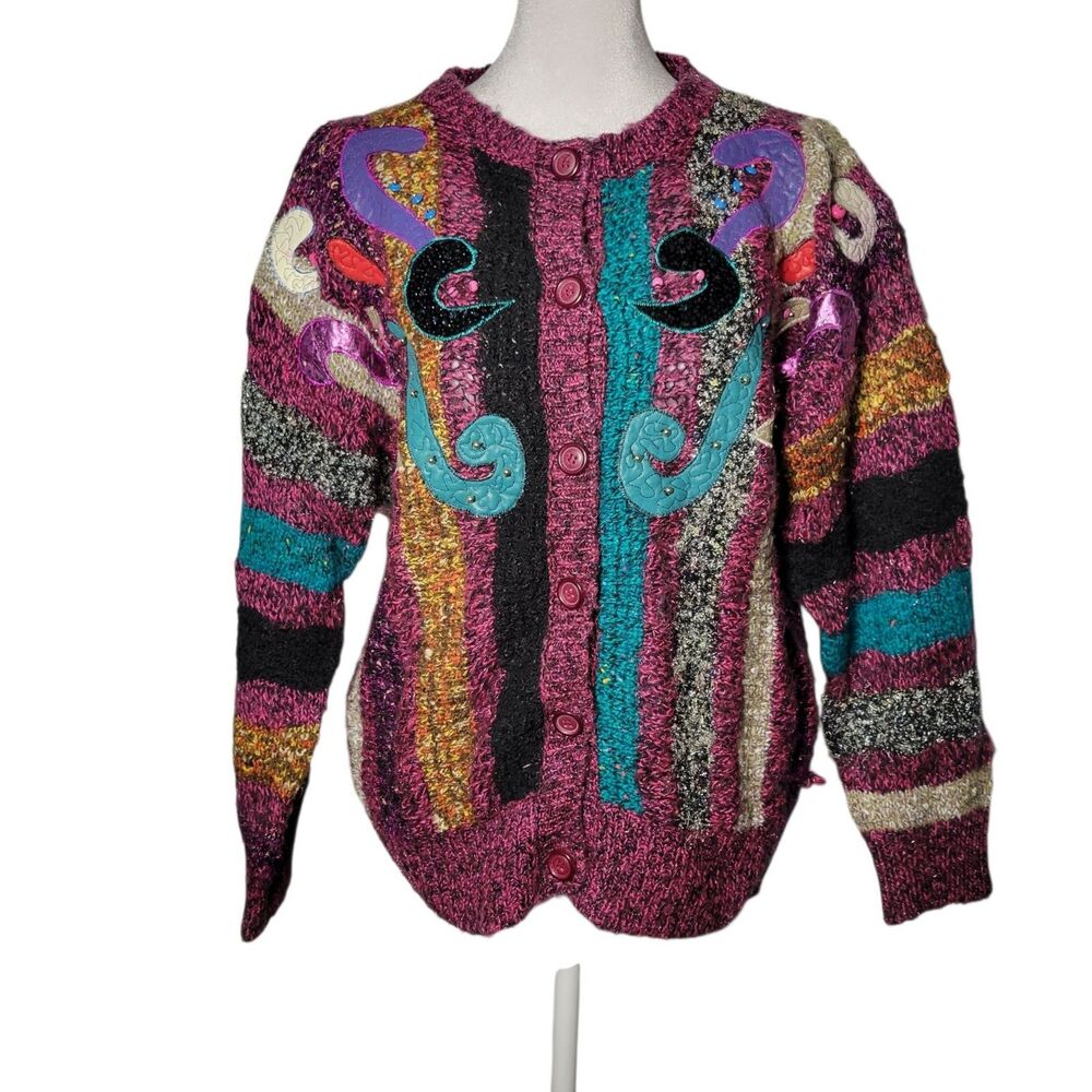 Vtg 80s Jaclyn Smith Cardigan Sweater L Abstract Applique Beaded Funky Grandma